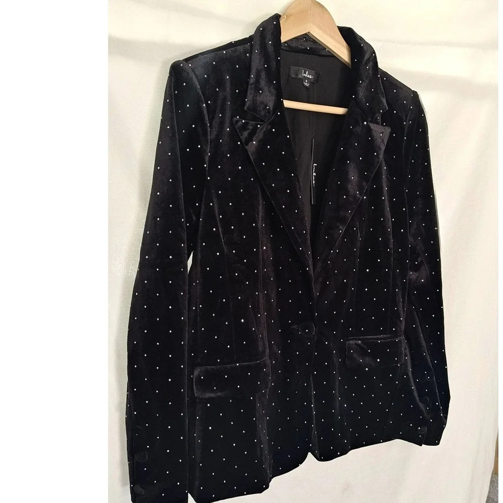 Lulus Glamorous Statement Black Velvet Studded Blazer Rhinestone‎ Gems small New